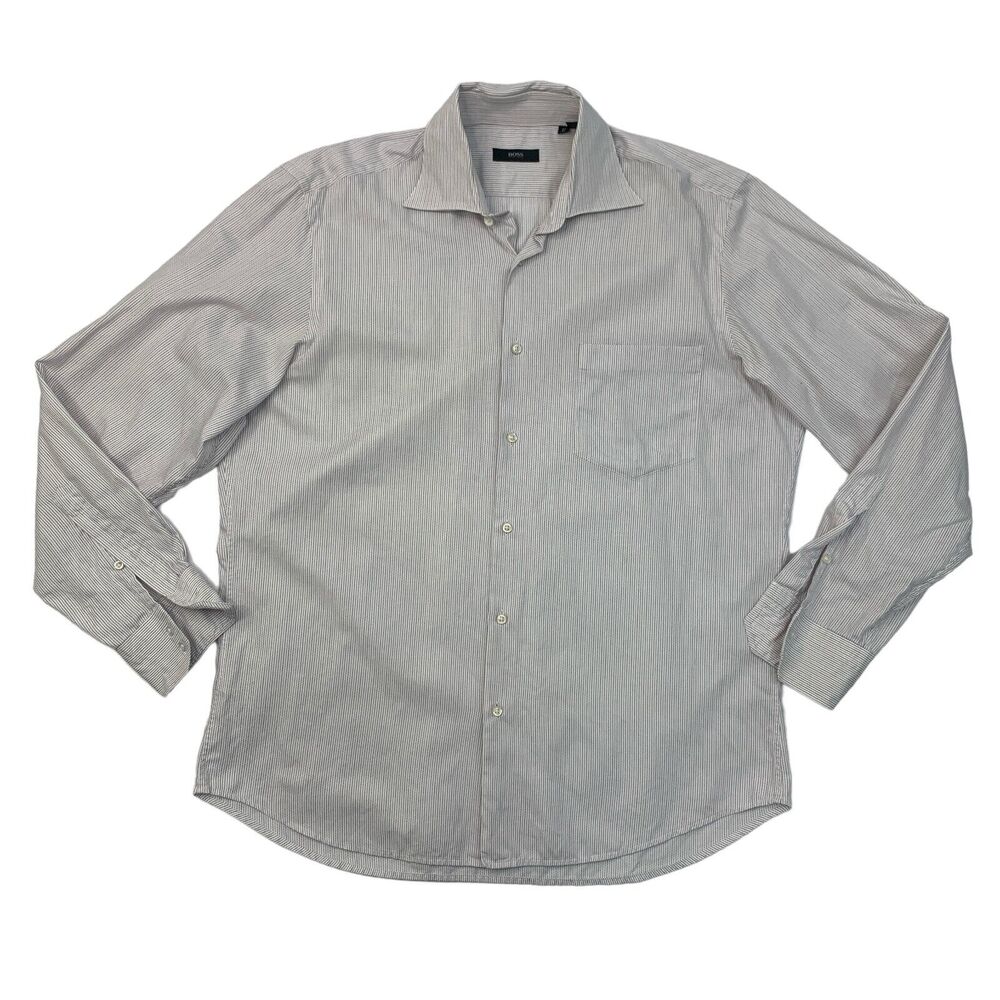 Hugo Boss Shirt Mens 16 White Plum Button Up Long Sleeve Striped Cotton *READ